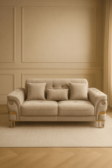 Tokyo Modern Sofa Set in Luxurious Cream Velvet with Gold Accents and Plush Cushions - UK Luxury Furniture